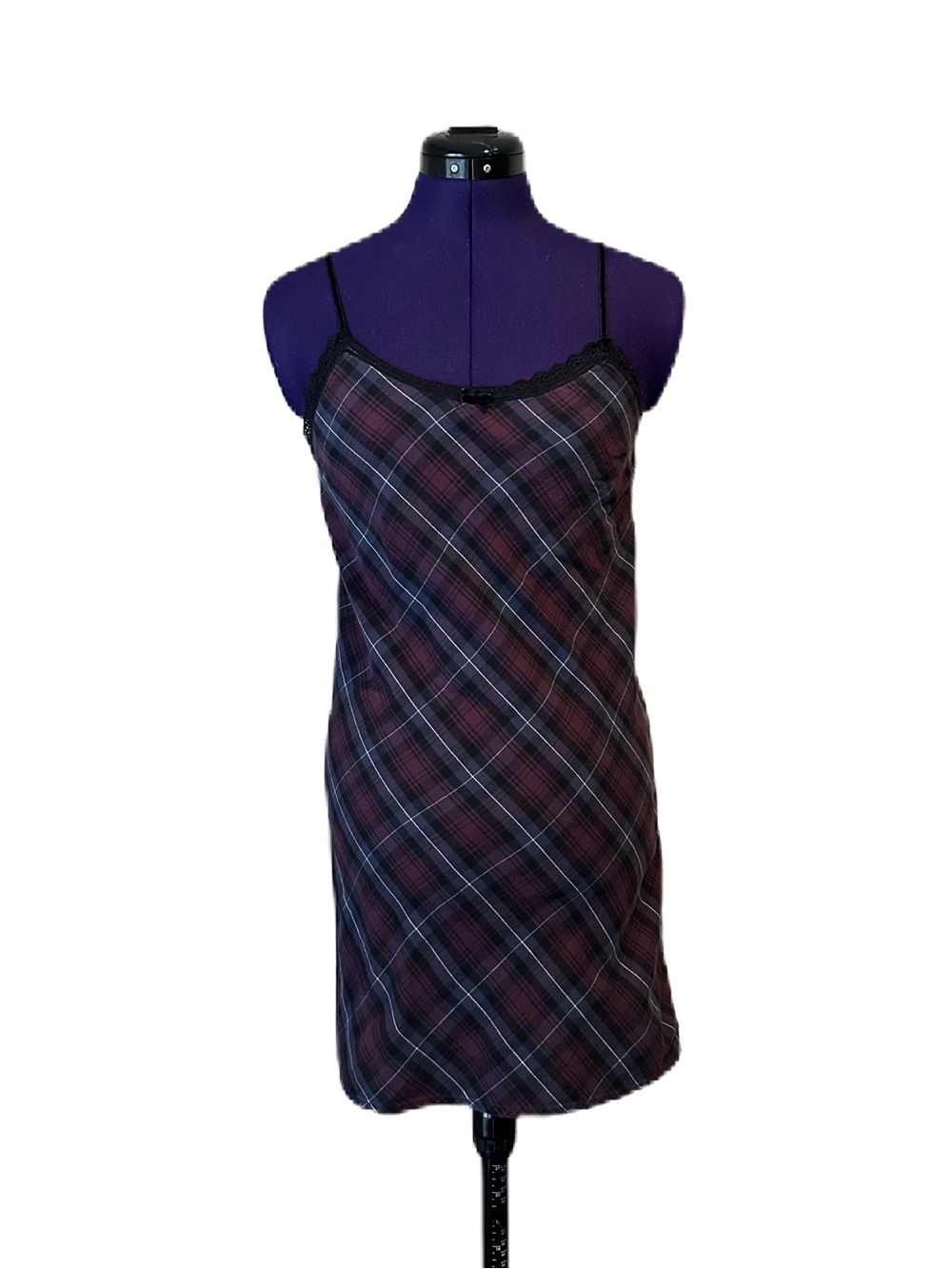 Gap Dark Purple Blue Plaid Black Lace Trim Dress